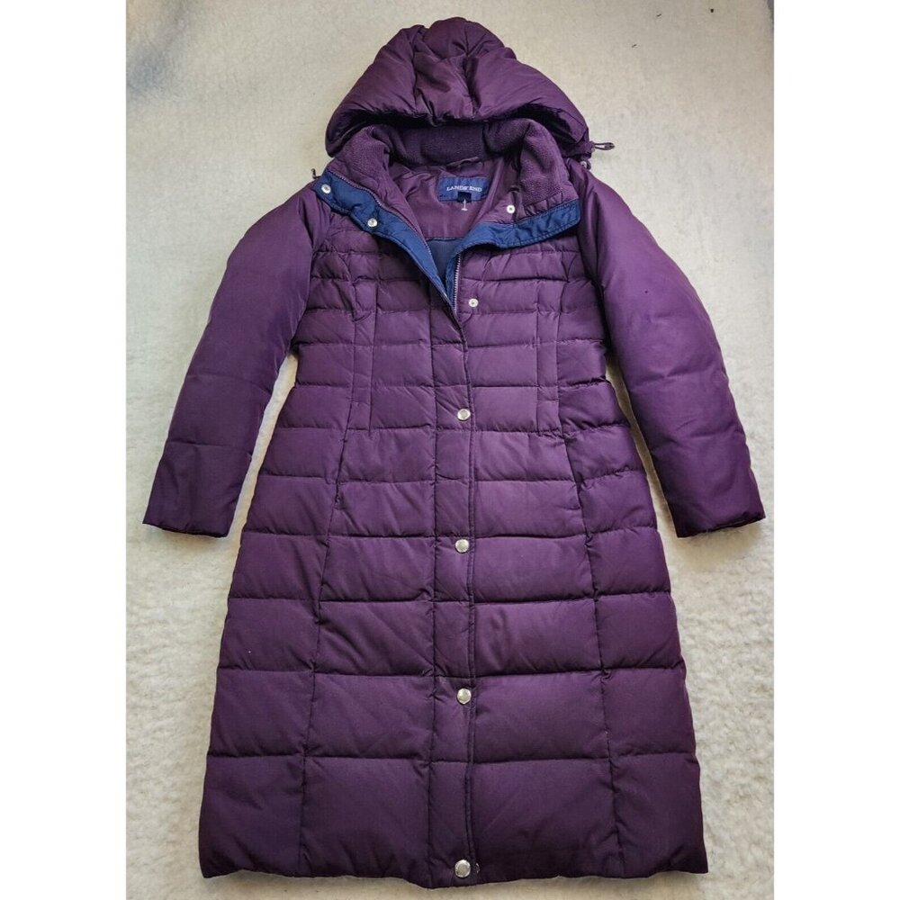 Lands End Coat Jacket Puffer Petite XS Purple Long Line Duster Zip Button Hooded